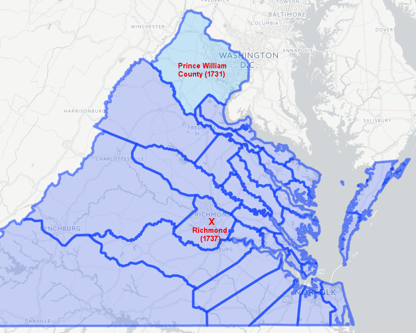 there were enough settlers on the Potomac River to justify creation of Prince William County before Richmond was chartered