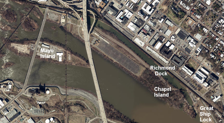 Chapel Island is now used primarily to store stormwater runoff/untreated sewage waste in the Shockoe Retention Basin, part of Richmond's Combined Sewer Overflow project, but the southern end is open to the public at Great Ship Lock park