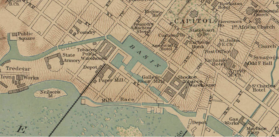 parallel and close to the James River in Richmond, the Haxall Canal was used for power generation while the James River and Kanawha Canal carried cargo/passenger boats to the Turning Basin and on to the river, downstream of the Fall Line