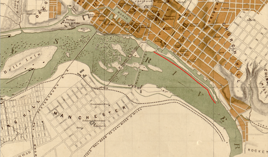 the Richmond Dock (north of red line) allowed more ships to transfer cargo closer to Richmond, upstream of Rocketts Landing