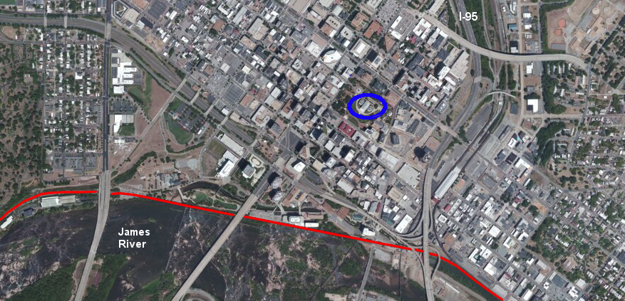 Bakken crude oil is transported by train to Yorktown on the CSX viaduct (red line), one-half mile from the State Capitol in Richmond (blue circle)