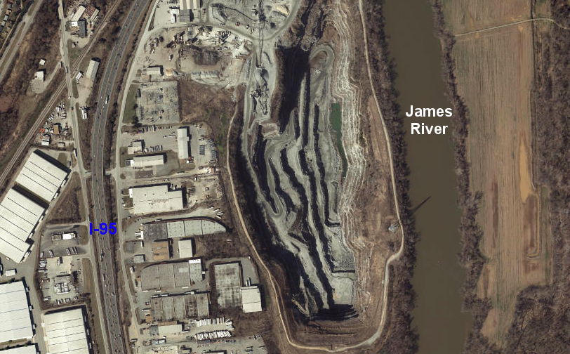 at a quarry next to Richmond Marine Terminal, the bedrock that created the rapids in the James River (and made Richmond a port city on the Fall Line) is crushed and shipped downstream by barge