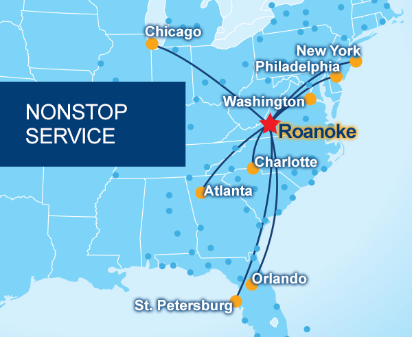 in 2019, the Roanoke-Blacksburg Regional Airport offered no non-stop flights to destinations west of the Mississipi River