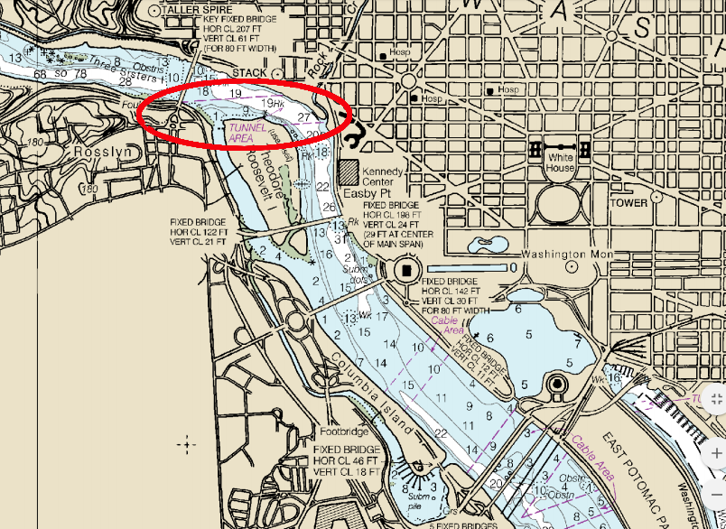 the Metrorail tunnel for the Blue, Orange, and Silver lines between Rosslyn-Foggy Bottom stations is marked on navigation charts