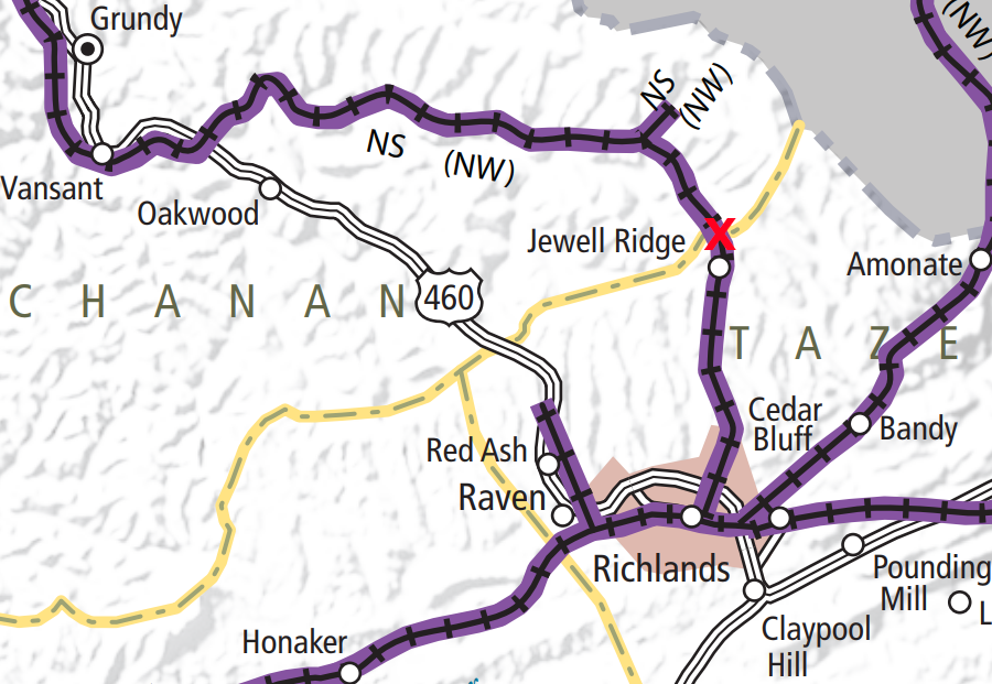 the Norfolk Southern tunnel passes beneath Smith Ridge, the Eastern Continental Divide, at boundary of Tazewell and Buchanan counties