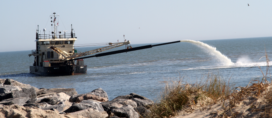 US Army Corps of Engineers dredge Currituck, removing sediments from the Rudee Inlet channel