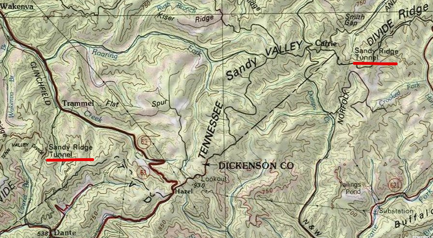 the Clinchfield and the Norfolk and Western railroads both tunneled through Sandy Ridge separating the Clinch and McClure rivers, to cross the Eastern Continental Divide