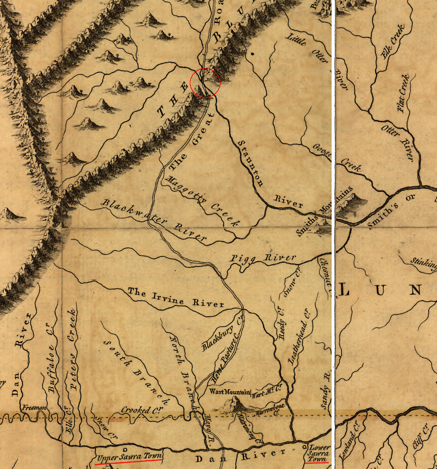 the path from the gap in the Blue Ridge cut by the Roanoke River to the Saura towns on the Dan River is now the route of US 220 from Roanoke to Martinsville