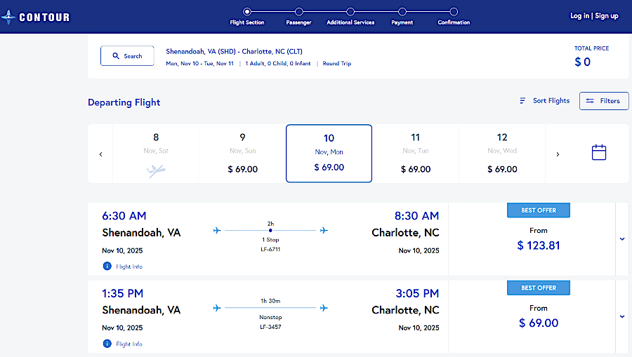 Contour Airlines offered service to Charlotte until February 2, 2026
