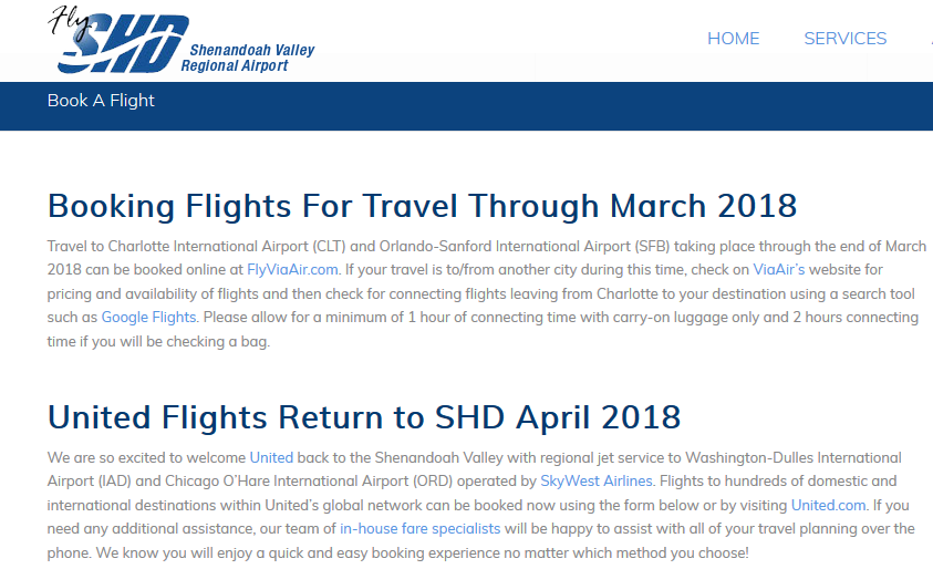 Shenandoah Valley Regional Airport (SHD) switched from ViaAir to SkyWest in 2018