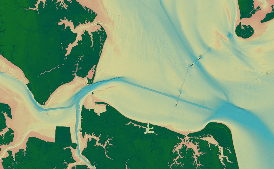 a Digital Elevation Model (DEM) of Hampton Roads reveals artificially-straight dredged ship channels, plus tunnels constructed underneath two channels for the Chesapeake Bay Bridge-Tunnel linking Virginia Beach to the Eastern Shore