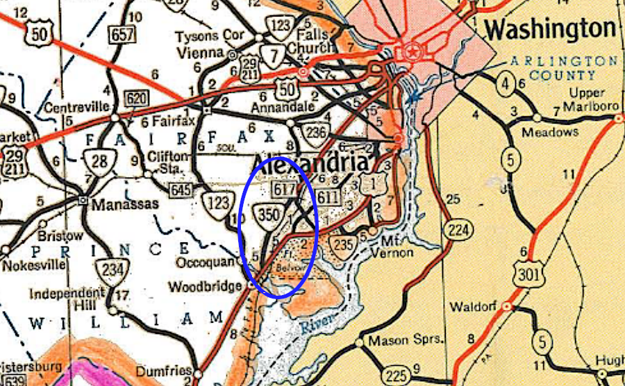 in 1949, the Shirley Highway (VA 350) was a two-lane road between the Occoquan River and Route 617 (Fort Belvoir) before being widened in 1950 to four lanes