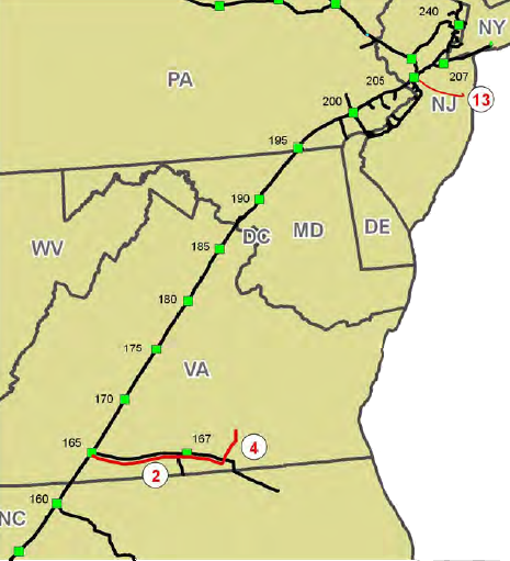 the Virginia Southside Expansion pipeline (red line on map) allowed Transco to bring natural gas from Transco Station 165 in Pittsylvania County to a gas-fired power plant (#4 on map) constructed by Dominion in Brunswick County, 100 miles to the east
