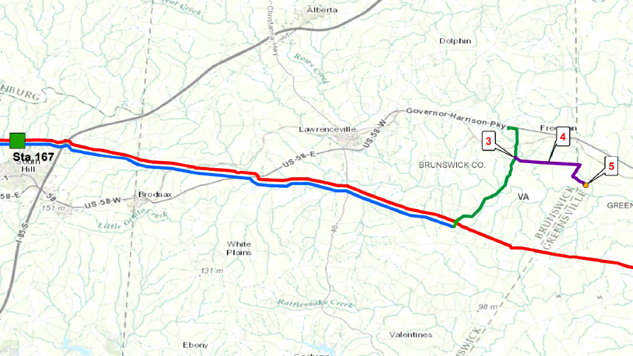 Phase II of the Virginia Southside Expansion pipeline would extend the pipeline four miles, so Transco could provide natural gas via the Greensville Lateral (purple line on map) to a second gas-fired power plant to be constructed by Dominion in Greensville County (5 on map)