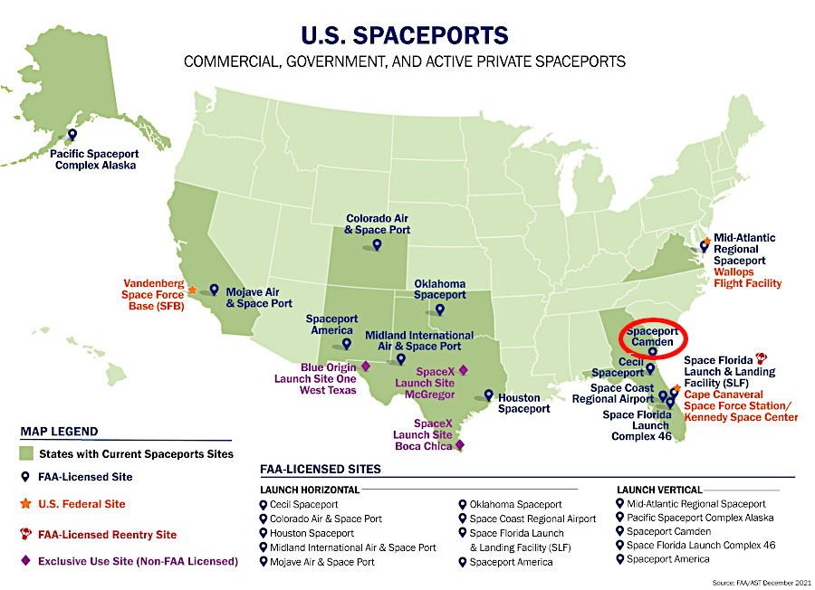 by 2022, Camden Spaceport had received a spaceport license from the Federal Aviation Administration