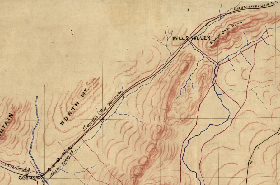 the Staunton Free Turnpike paralleled the railroad, as they both crossed Little North Mountain west of the Shenandoah Valley