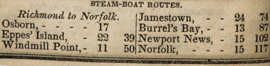 in 1838, the steamboat from Richmond scheduled stops at six places before reaching Norfolk