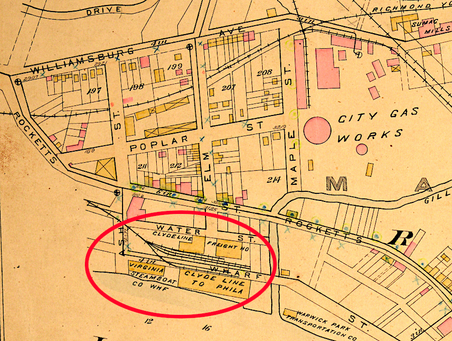 in Richmond after the Civil War, the Clyde Steamship Company had its steamship wharf on the James River at Rocketts Landing