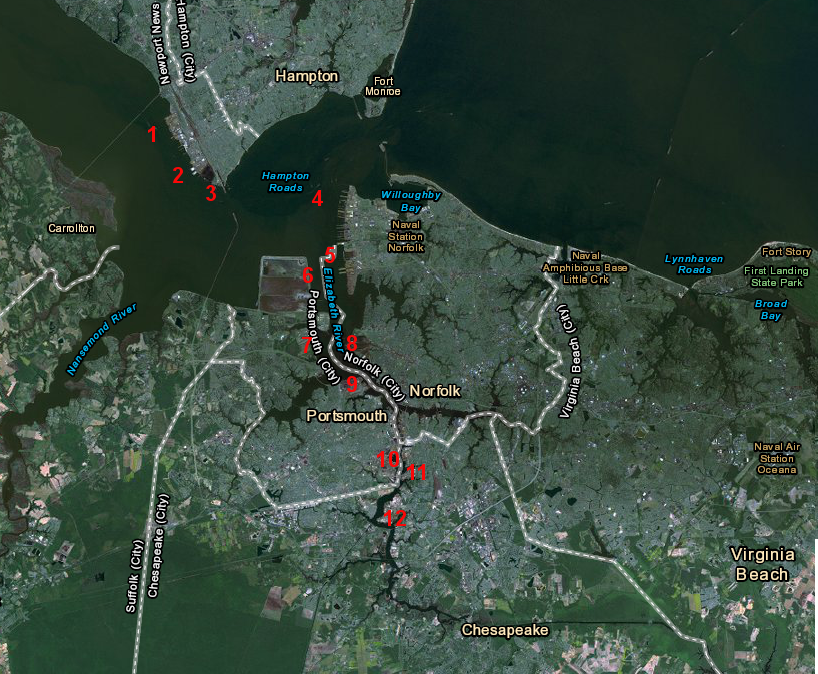 key maritime facilities in Hampton Roads: 1) Newport News Shipbuilding, 2) Newport News Marine Terminal, 3) CSX-serviced coal terminals operated by Dominion Terminal Associates and Kinder Morgan at Pier IX, 4) Norfolk Naval Base, 5) Norfolk International Terminals, 6) site of proposed Craney Island Marine Terminal, 7) Virginia International Gateway (VIG), 8) Norfolk Southern Lambert's Point docks, 9) Portsmouth Marine Terminal, 10) Norfolk Naval Shipyard, 11) Perdue Agribusiness terminal, 12) Elizabeth River Terminal