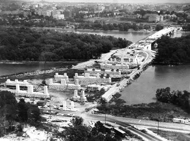 the Teddy Roosevelt Bridge (shown under construction) carries I-66 into Washington, DC