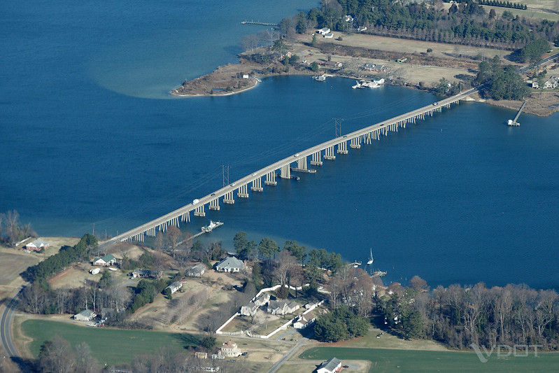 the John Andrew Twigg Bridge carries Route 3 across the Piankatank River, linking Mathews and Middlesex counties