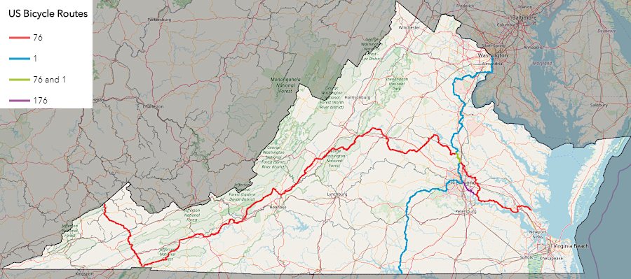 US Bicycle Routes 1, 76, and 176 cross through Virginia