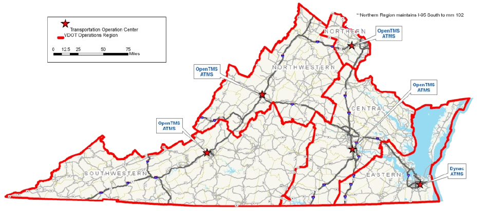 VDOT established 5 operation regions with Transportation Operation Centers for Advanced Transportation Management Systems, rather than rely upon the traditional boundaries of the nine highway districts