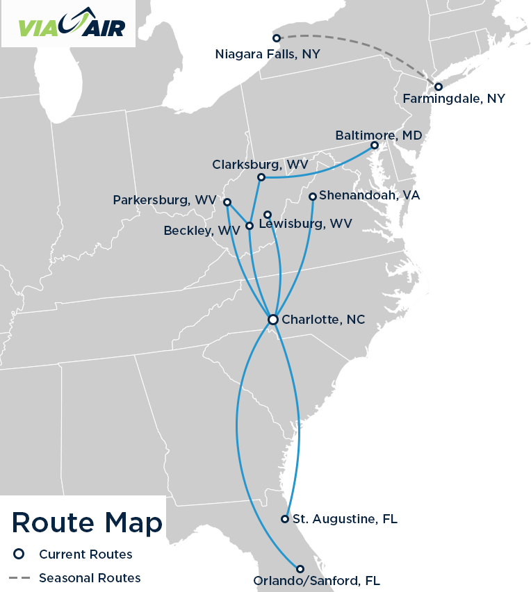 at the end of 2016, Via Air began flying from Shenandoah Valley Regional Airport to Charlotte and Florida