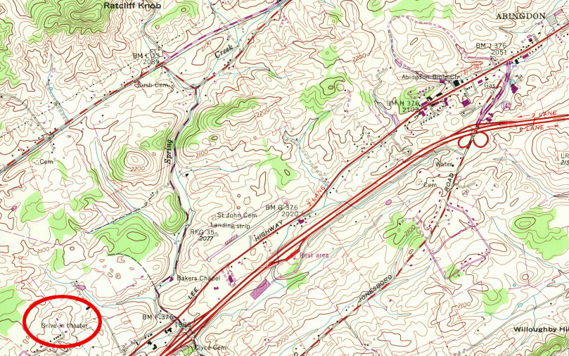 the drive-in theater (red circle) was far from the dirt landing strip in 1960