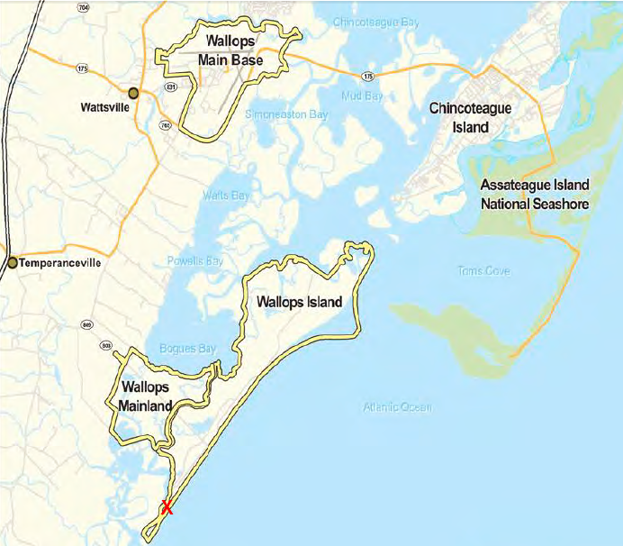 pads for rocket launches are located on the southern tip of the barrier island, not at the Wallops Main Base or on the mainland