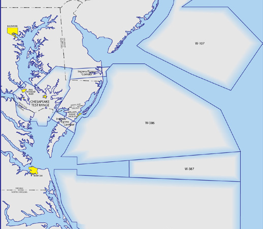 Atlantic Warning Areas defined by the US Navy make Wallops an attractive site for testing rockets now