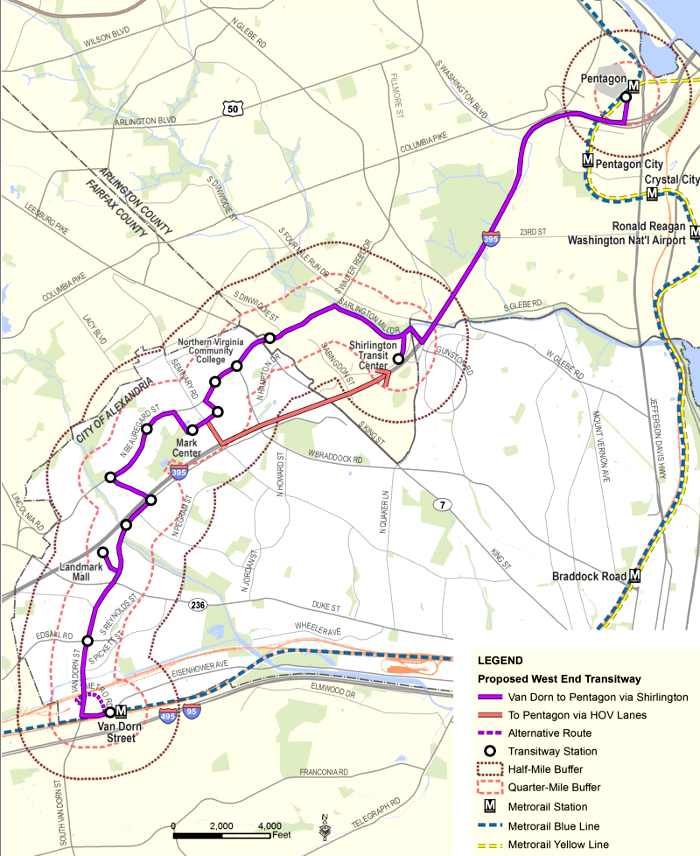 the West End Transitway in Alexandria would use Bus Rapid Transit, as well as shared lanes, to connect Van Dorn Metro Station, Mark Center Transit Center, Shirlington Transit Center, and the Pentagon Transit Center