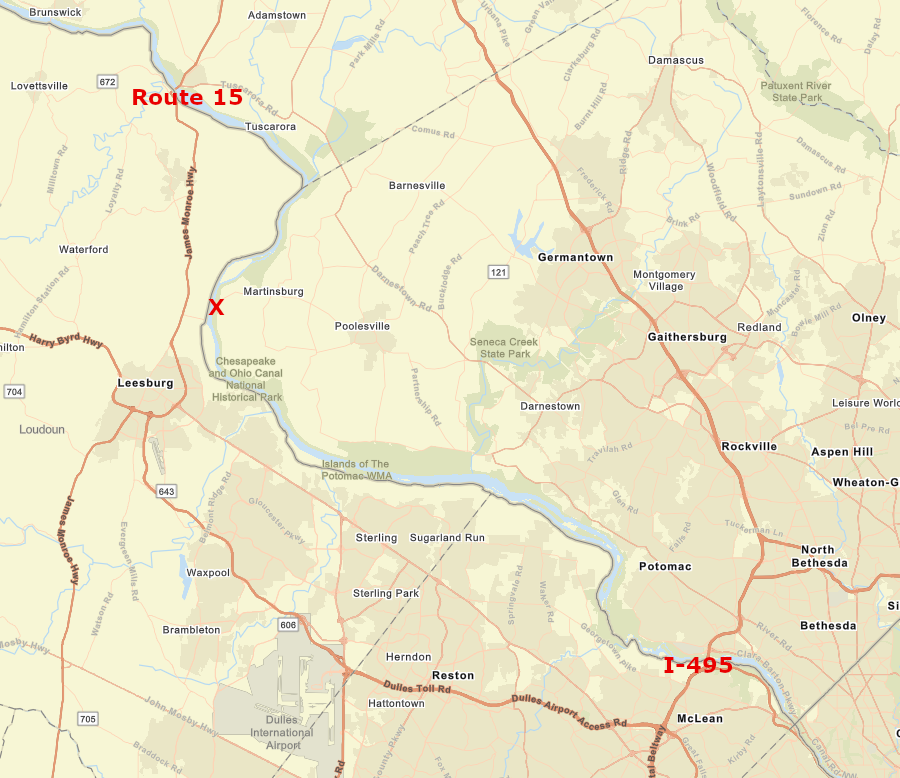 White's Ferry (red X) offered the only crossing of the Potomac River between American Legion Bridge (I-495) and Point of Rocks (Route 15)