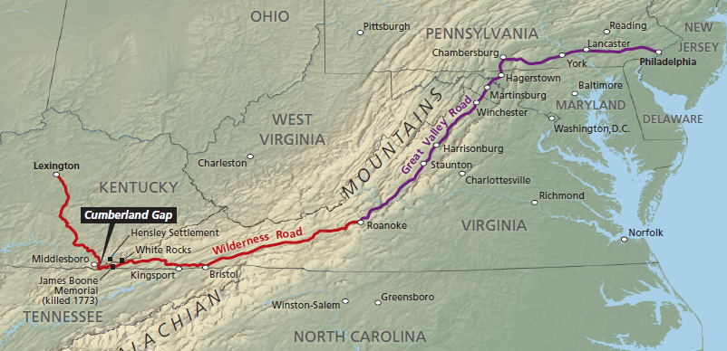 the Great Wagon Road/Philadelphia Road/Valley Road split at Roanoke Gap, where a branch led to North Carolina and the Wilderness Road led to Kentucky/Tennessee