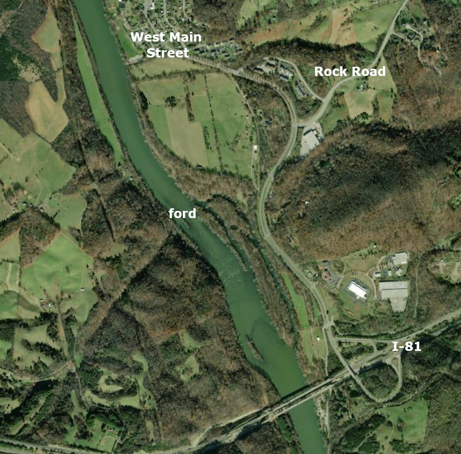 the Wilderness Road followed what is now called Rock Road and crossed the New River at a shallow ford just downstream of modern I-81