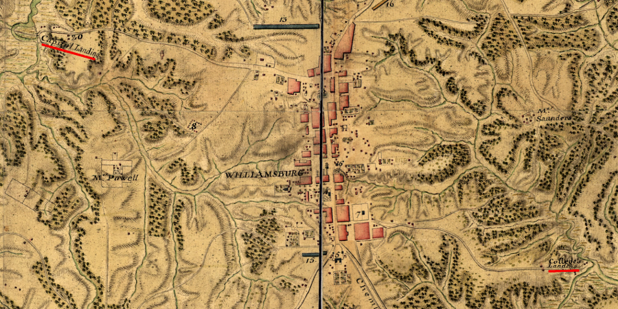 French military engineers at Williamsburg documented the locations of Capitol Landing (access to the York River) and College Landing (access to the James River) in 1782