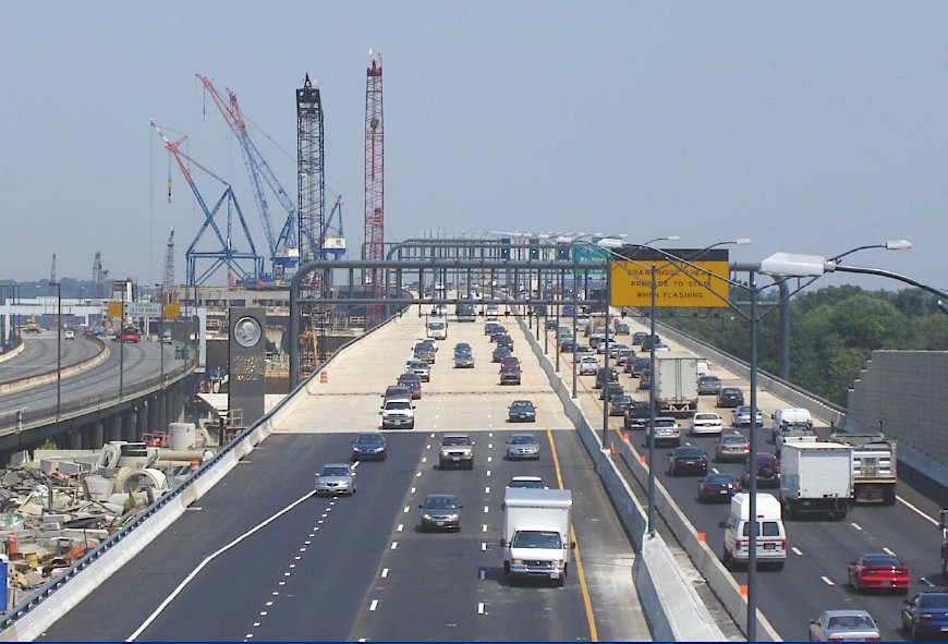 all traffic was switched to the first half of the new Woodrow Wilson Bridge in 2006, allowing demolition of the 1961 structure (on far left)