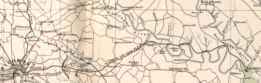 the Richmond and York River Railroad crossed the Pamunkey River and cut through the Pamunkey Reservation to reach West Point, where the York River begins
