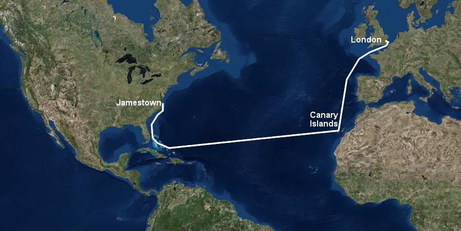 on the first trip to Jamestown, three English ships sailed south to the Canary Islands, then west to Martinique and other islands in the Caribbean, and finally north to the Chesapeake Bay