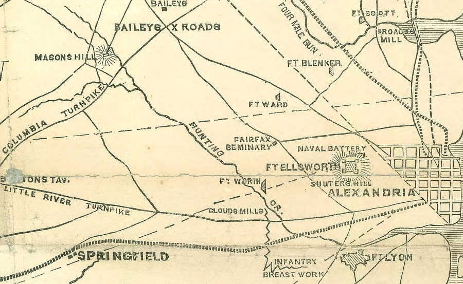 starting in 1861, Union troops built Fort Ellsworth at Shuters Hill plus other fortifications to protect Alexandria and Washington, DC