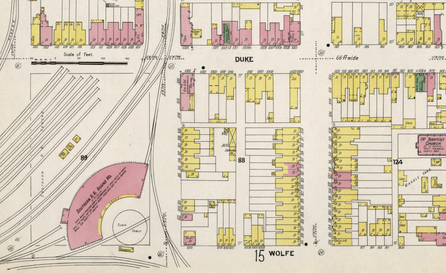 the Southern Rainway roundhouse was located on Wolfe Street, between Fayette and Henry streets