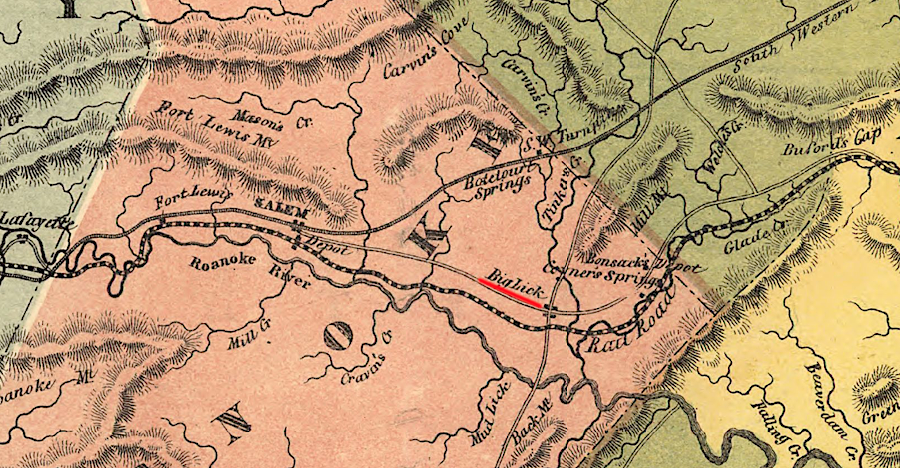 the Virginia & Tennessee Railroad stimulated development at Salem; Big Lick did not grow until the Shenandoah Valley Railroad arrived in 1881