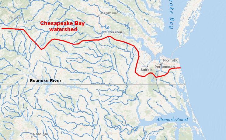 Virginia's first ports developed in the Chesapeake Bay watershed, and products from the Chowan River and Roanoke River watersheds were transported by boat and wagon to those ports