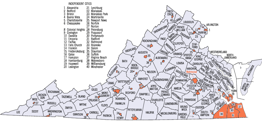 locations of 30 cities in Virginia