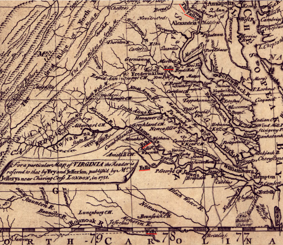 Alexandria, Fredericksburg, Richmond, Petersburg, and Roanoke Rapids developed at the Fall Line of the Potomac, Rappahannock, James, Appomattox, and Roanoke rivers