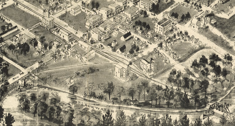 Blackwater River (with steamboats upstream of railroad bridge) and rail station in Franklin (1907)