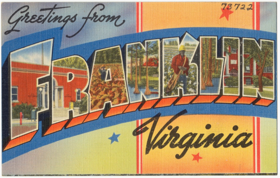 a tourist postcard for Franklin highlighted cotton and cotton pickers