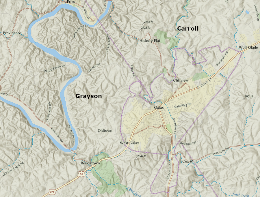 Galax is an independent city that straddles the border of Grayson and Carroll counties
