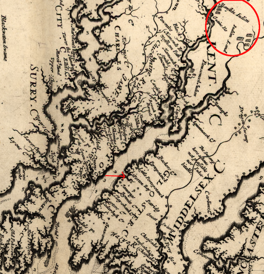 Pthe area occupied by the Manskin (Pamunkeys) was noted, but Werowocomoco was not recorded on Augustine Herrman's 1670 map