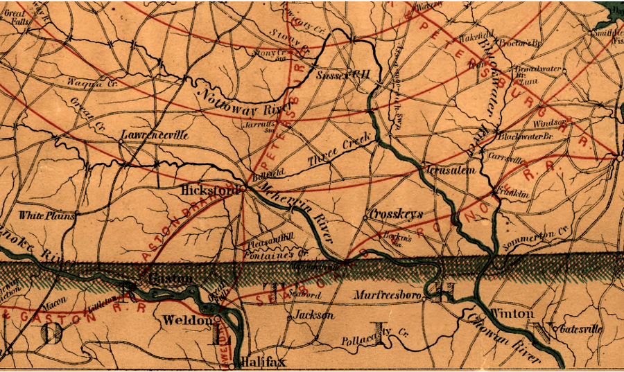 Hicksford became a railroad junction when the Petersburg Railroad built an extension (the Greensville & Roanoke Railroad) to Gaston, NC